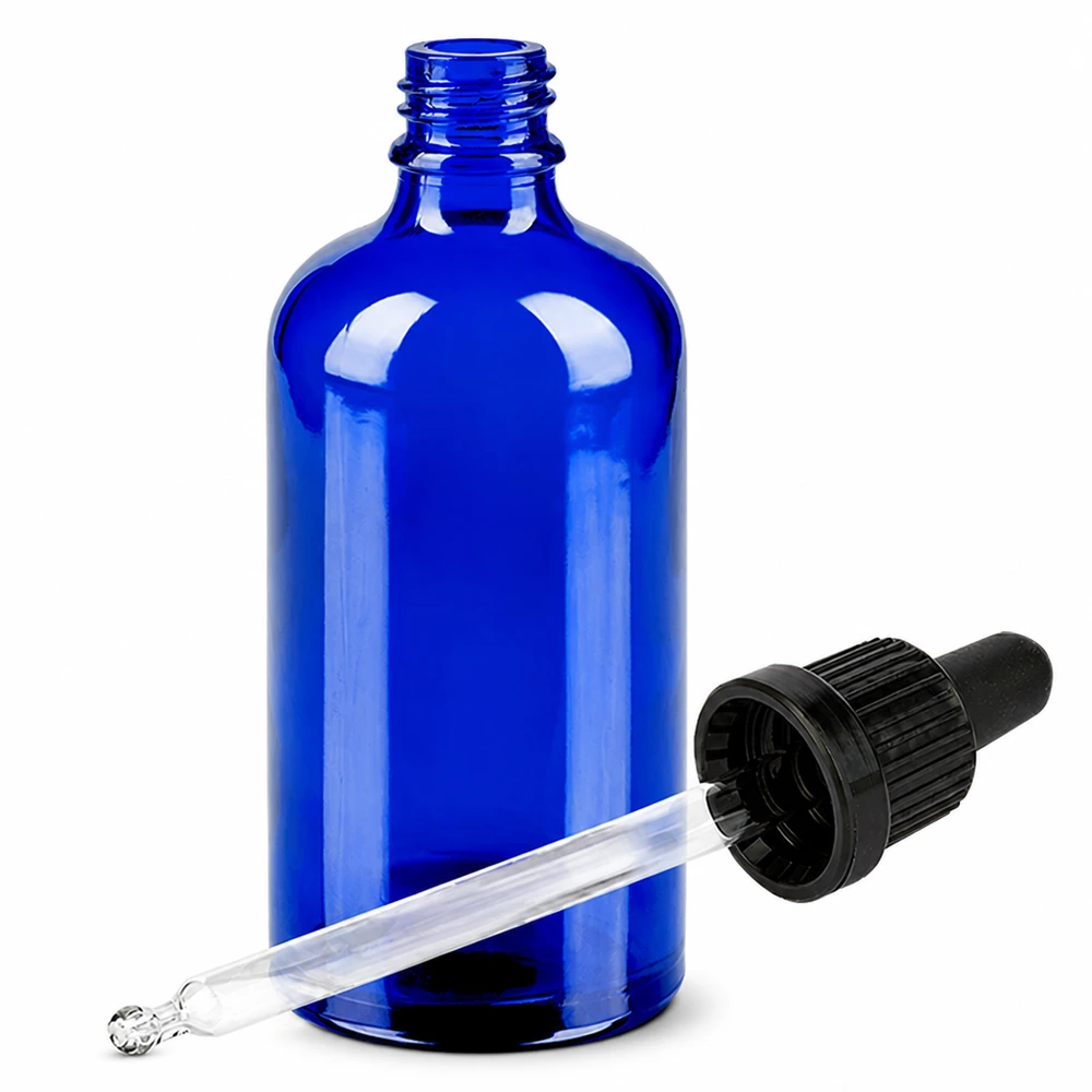 Aromatherapie Flasche 100ml dunkelblau aus Glas mit präzisem Pipettenverschluss