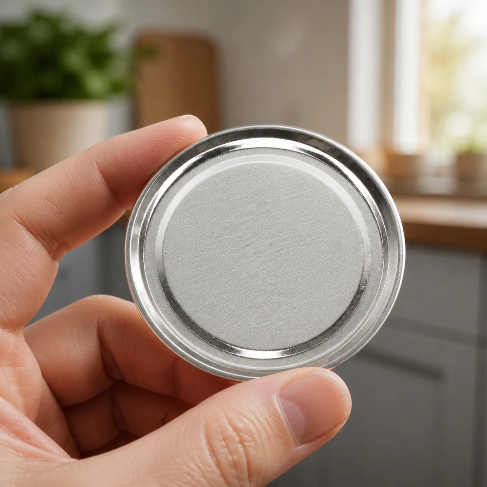 Runder BasicSeal Einweckdeckel 100mm silber matt TO100 von vorne in Händen gehalten