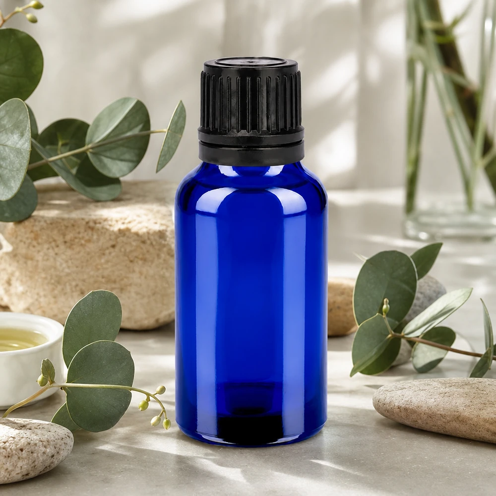 Elegante 20ml Blauglasflasche mit schwarzem Schraubverschluss für hochwertige Öl-Mischungen