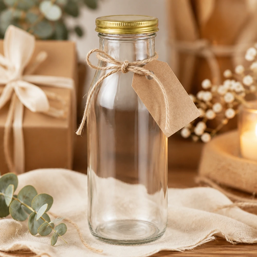 263ml Flasche mit BioSeal Deckel gold UNiTWIST UNiTWIST Bottle263 als Geschenkidee mit Bastband und Etikett in festlicher Dekoration mit goldenen TO43 BioSeal Deckel