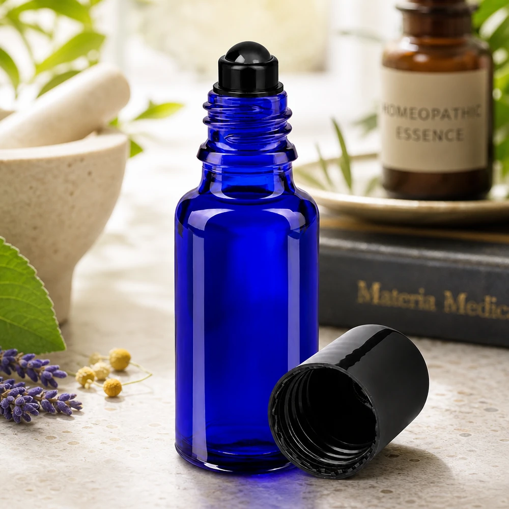 Apothekenflasche blau 20ml Roll-On Verschluss schwarz 20ml blaue Apothekerflasche als Roll-On für Parfum und Naturkosmetik