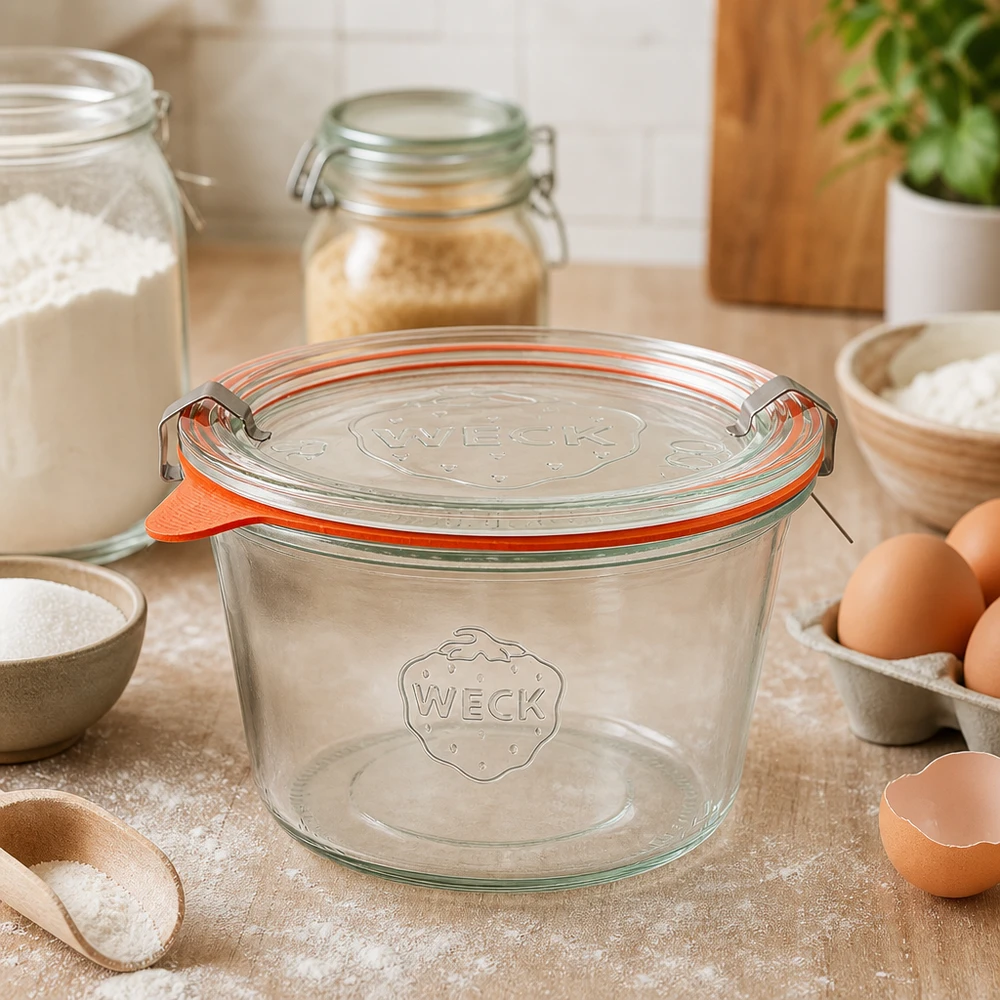 WECK Sturzglas 370ml RR100 leer auf Küchenarbeitsplatte zwischen Backzutaten zeigt vielseitige Verwendung beim Backen