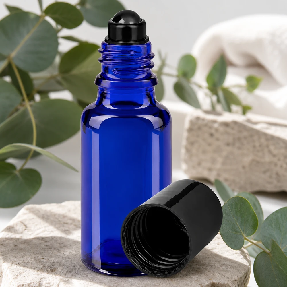 Apothekenflasche blau 20ml Roll-On Verschluss schwarz Apothekerglas 20ml in Blau mit schwarzem Rollaufsatz für Körperöle und Seren