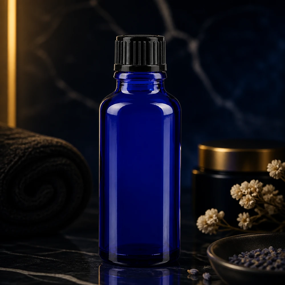 30ml Flakon aus kobaltblauem Apothekenglas mit schwarzem Rippenverschluss im Spa-Ambiente