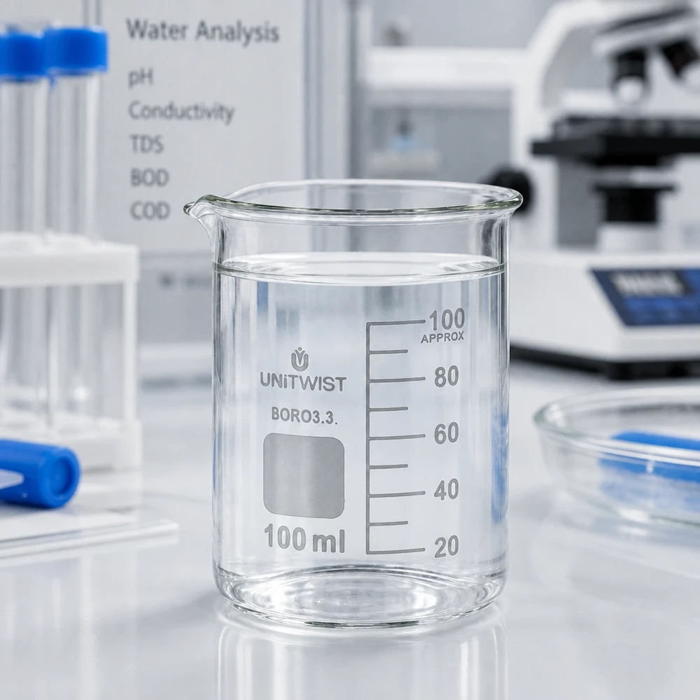 Becherglas 100ml Borosilikat, niedrige Form UNiTWIST Graduiertes Laborglas 100ml niedrige Griffinform aus Borosilikat für präzise Flüssigkeitsmessung