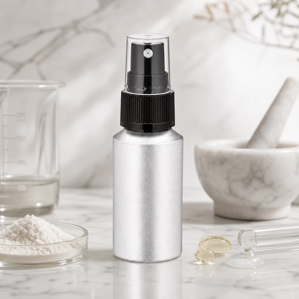 30ml gebeizte Aluflasche mit Zerstäuber Wiederverwendbare 30ml Aluminiumflasche mit transparentem Sprühkopf für Aromatherapie