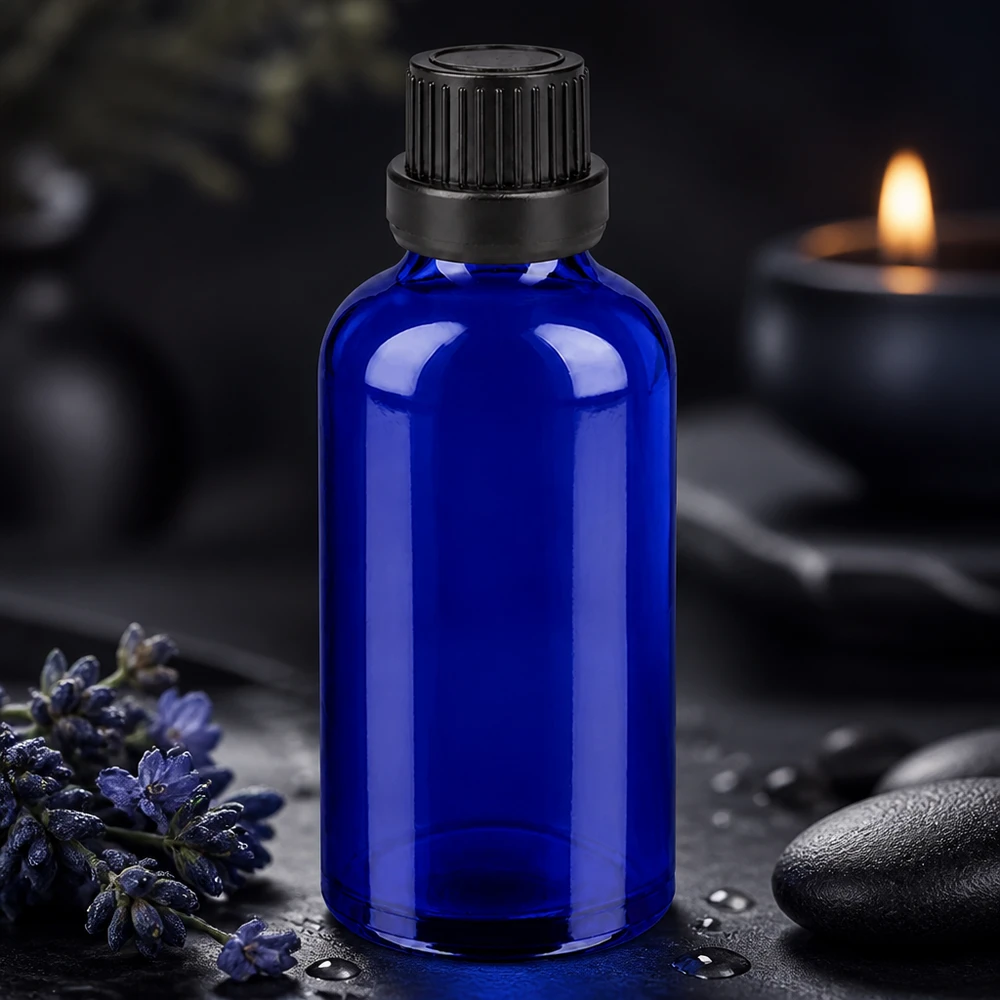 50ml Flasche 11mm Schraubverschluss schwarz Originalitätsverschluss BlueLine UT18/50 Medizinflasche 50ml aus kobaltblauem Glas mit kindersicherem Verschluss für Tinkturen