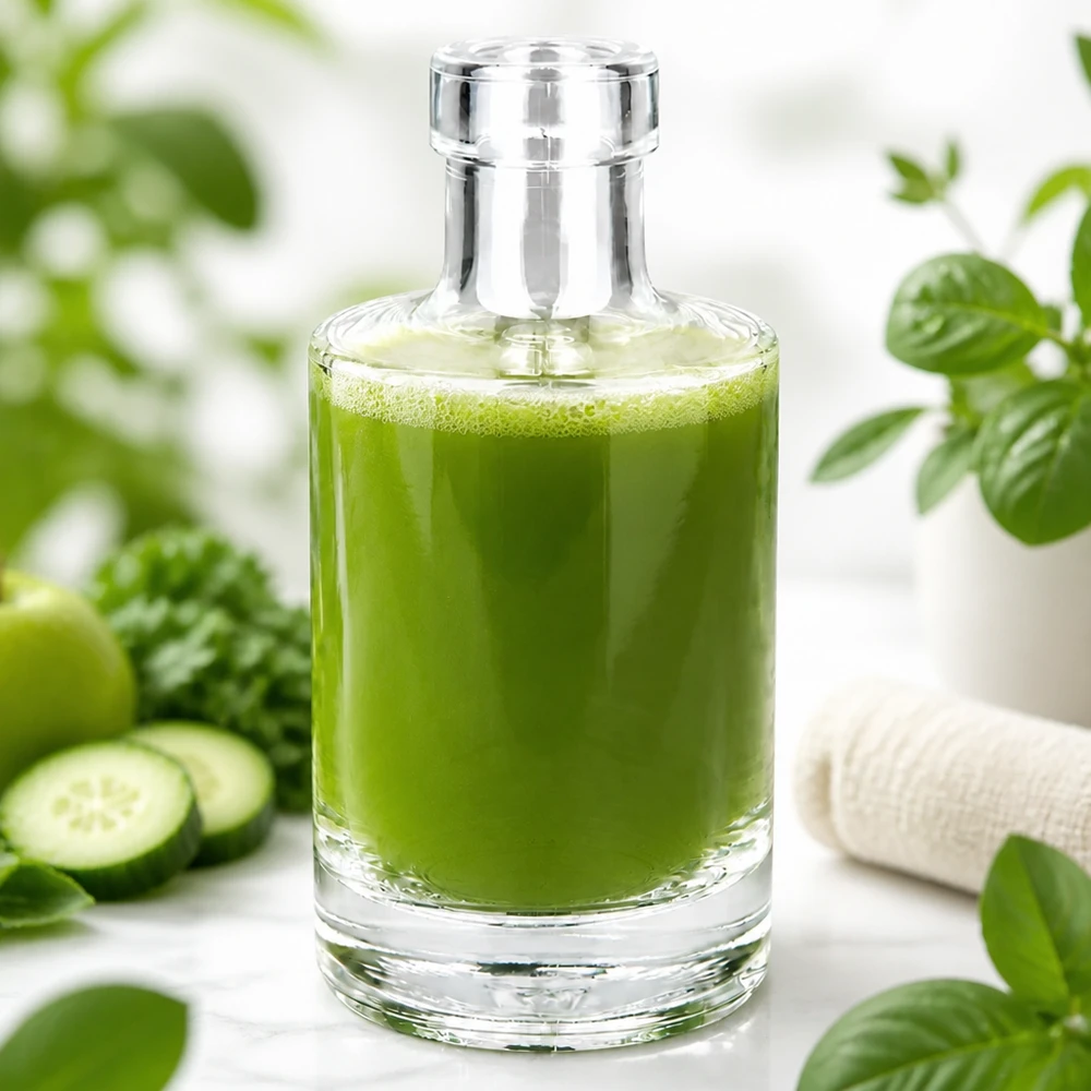 200ml Glasflasche "Marie" ohne Verschluss UNiTWIST 200ml Glasflasche Marie mit grünem Smoothie befüllt umgeben von Gurken und Pflanzen gesunde Ernährung Lifestyle