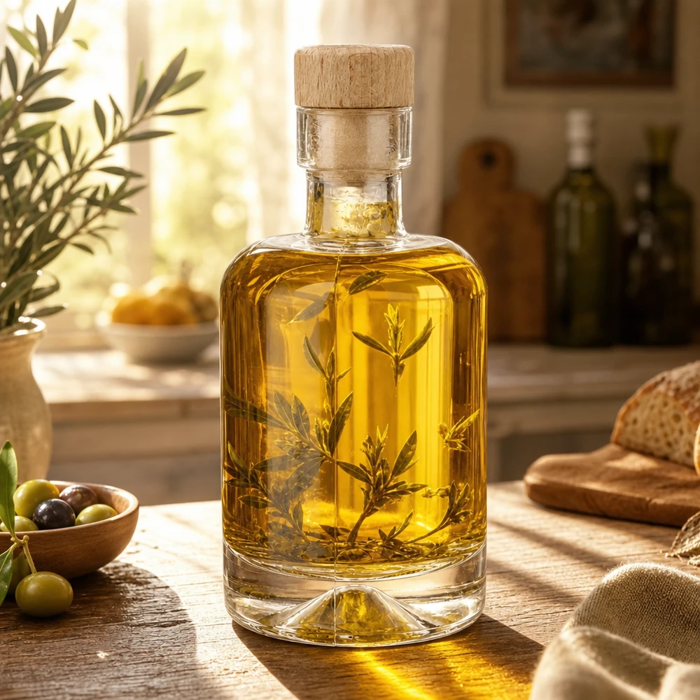 50ml Glasflasche "Attila" mit Holzgriffkorken UNiTWIST 50ml Glasflasche Amelie mit Olivenöl und Kräutern gefüllt in mediterraner Küche mit Oliven und Brot inszeniert
