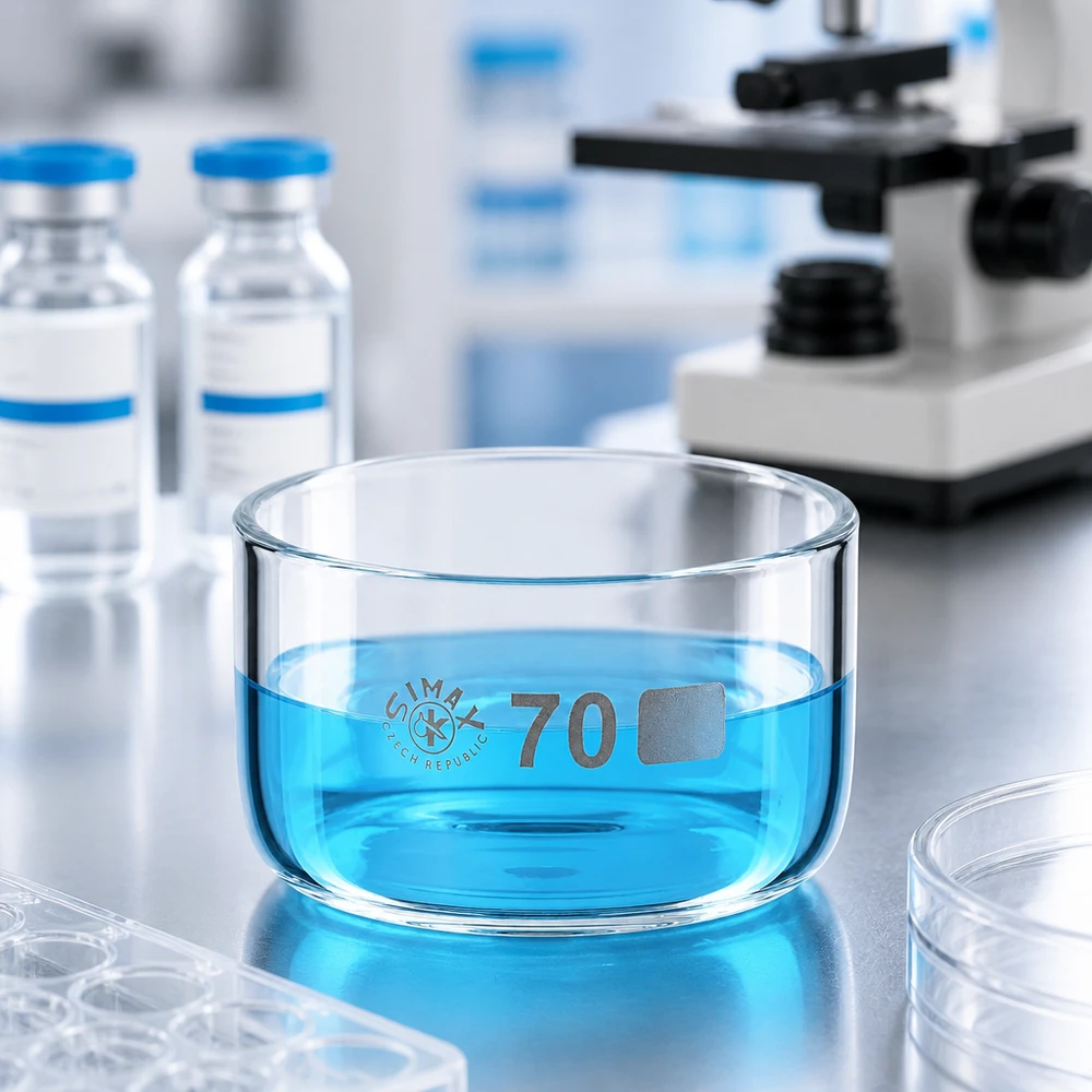 100ml Kristallisierschale ohne Ausguss Borosilikat ø70mm Simax Laborglasware 100ml Kristallisierschale tschechische Qualität mit blauer Indikatorlösung gefüllt