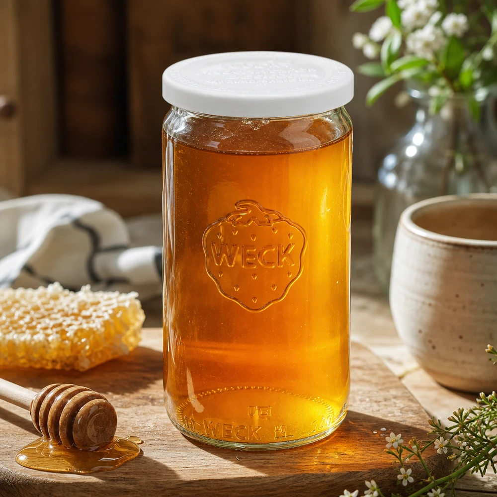 WECK 340ml Zylinderglas mit Honig gefüllt und weißem Frischedeckel RR60 auf Holztisch mit Honiglöffel