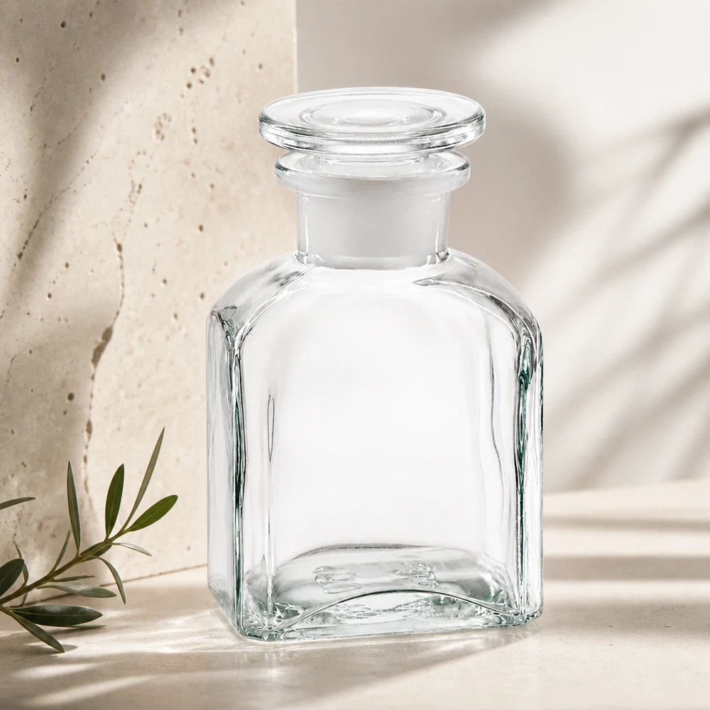 Glasflasche 150ml Vierkantform Weithals mit Stopfen für Kosmetik und Naturprodukte geeignet