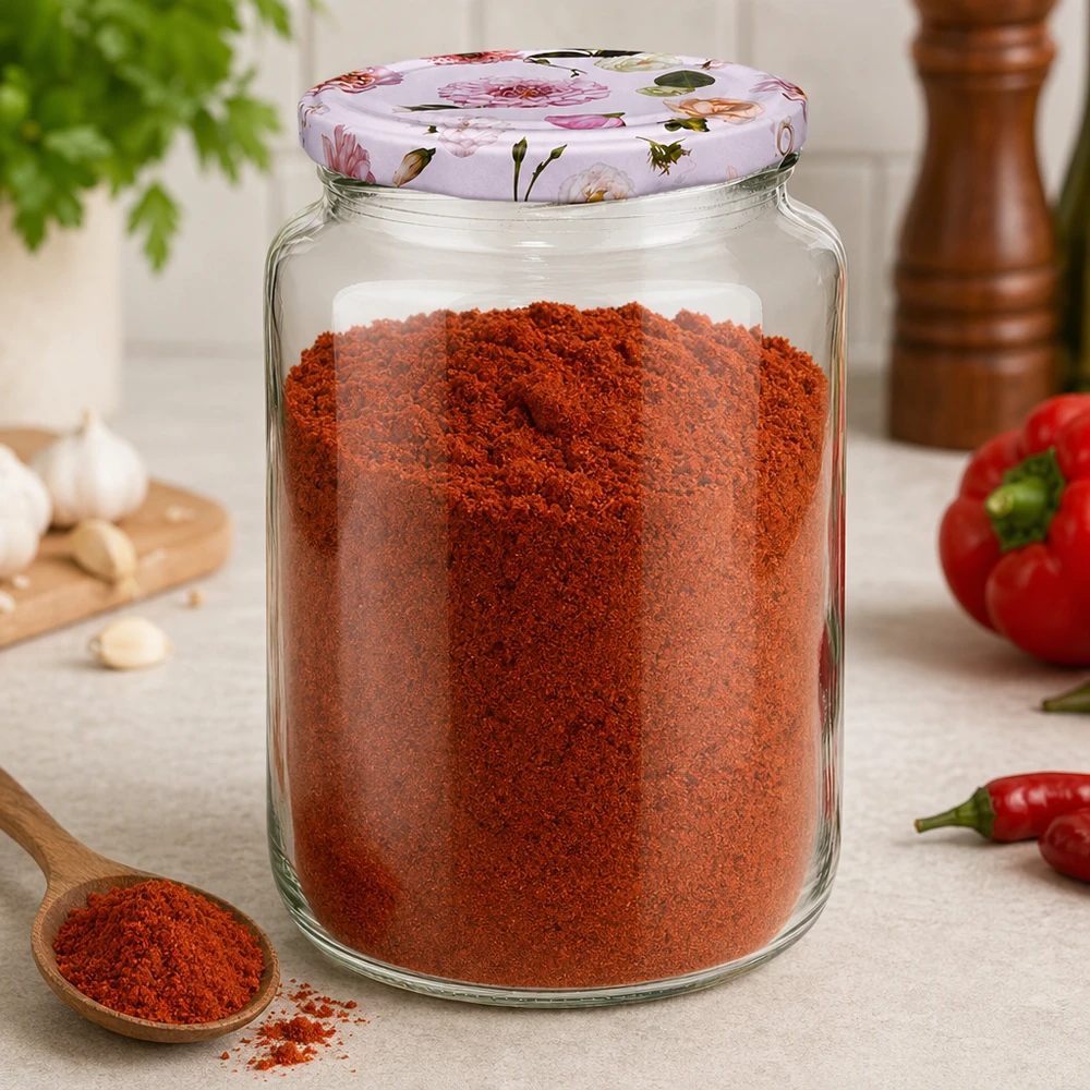 795ml Rundglas + BasicSeal Deckel Blume rosa UNiTWIST 795ml Rundglas gefüllt mit rotem Paprikapulver BasicSeal Deckel rosa Blumenmuster Gewürz Vorratsdose Küche