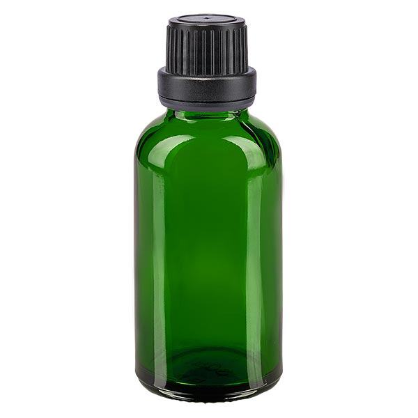 Apothekenflasche grün 30ml Tropfverschluss Giessring 2mm schwarz Originalitätsverschluss