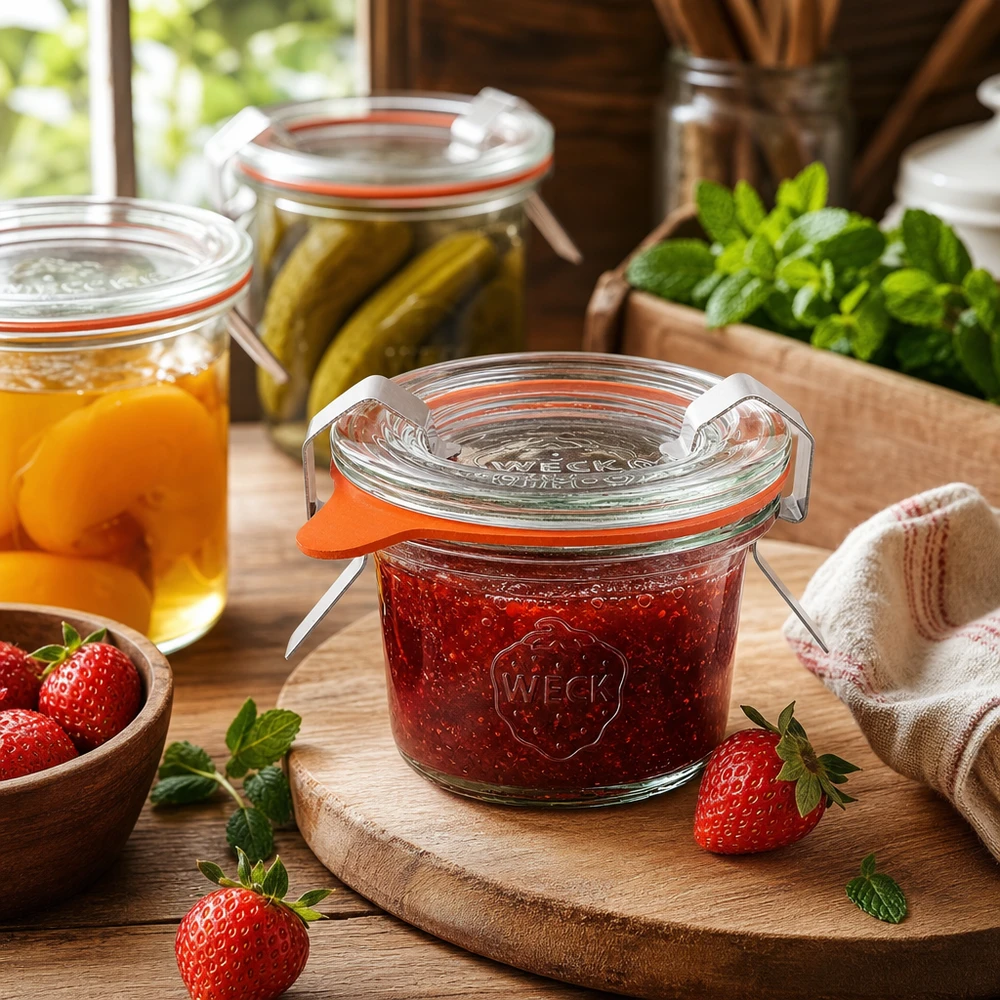 35ml Sturzglas komplett WECK RR40 WECK Sturzglas 35ml RR40 in Küche mit Marmelade gefüllt neben frischen Erdbeeren und anderen Einmachgläsern