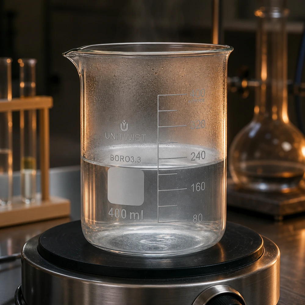 Becherglas 400ml Borosilikat, niedrige Form UNiTWIST UNiTWIST Becherglas 400ml Niedrigform mit Reagenzglasständer und Erlenmeyerkolben im Hintergrund