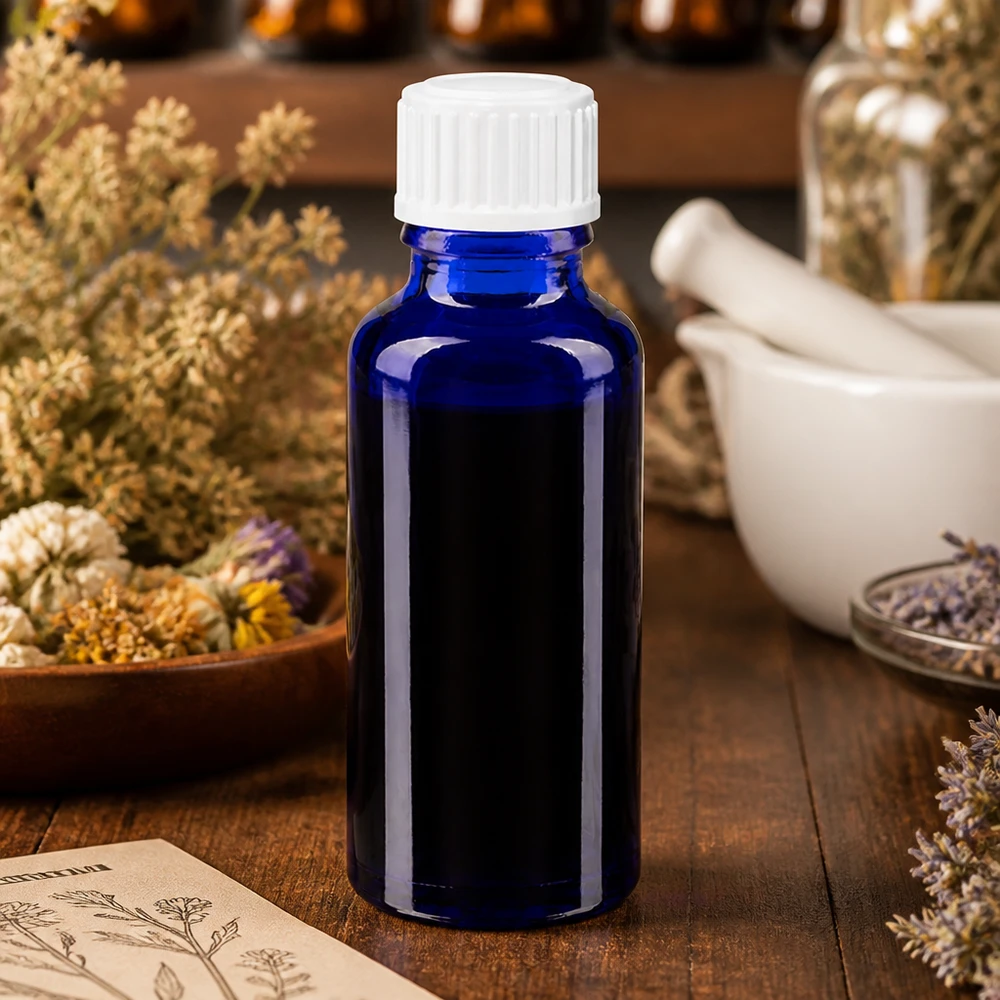 Apothekenflasche blau 30ml Schraubverschluss weiß Globuli Standard Pharmazeutische Kobaltglasflasche 30ml mit weißem Standardverschluss für ätherische Öle und Tinkturen