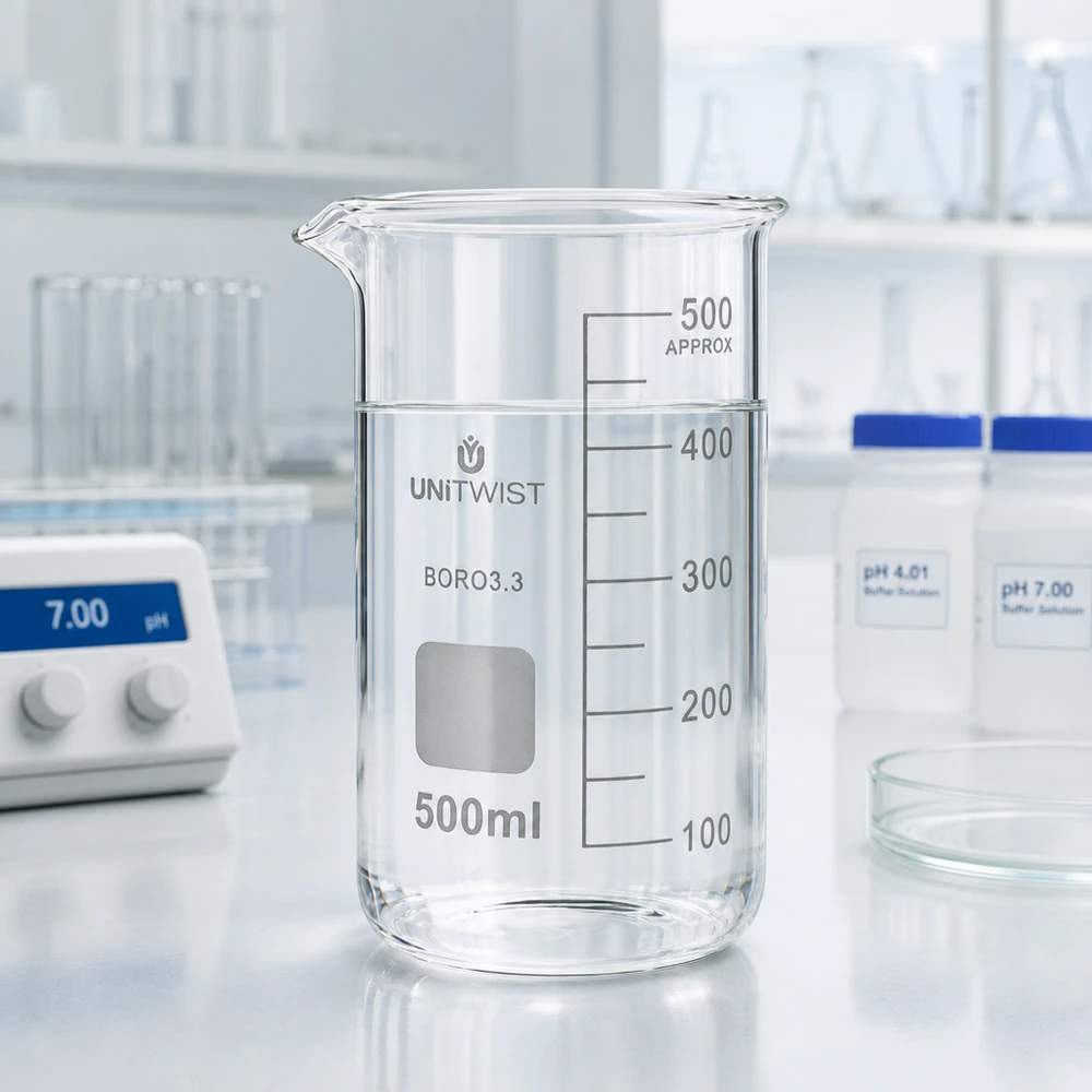 Becherglas 500ml Borosilikat, hohe Form UNiTWIST Becherglas 500ml hohe Form mit klarem Inhalt neben Petrischale und Reagenzgläsern