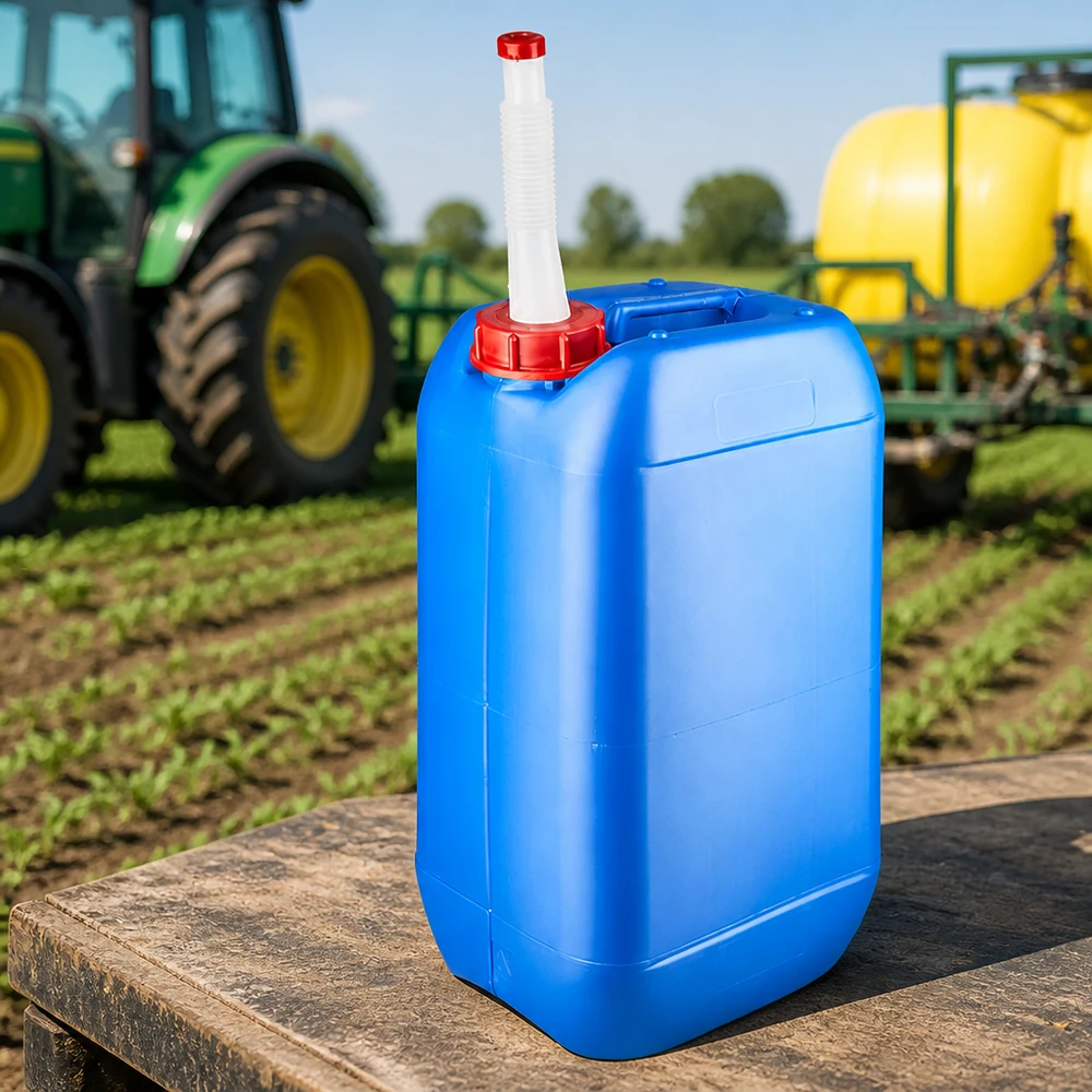 Kanister 15 Liter mit UN-Zulassung blau und flexiblem Schlauchaufsatz auf Holzuntergrund