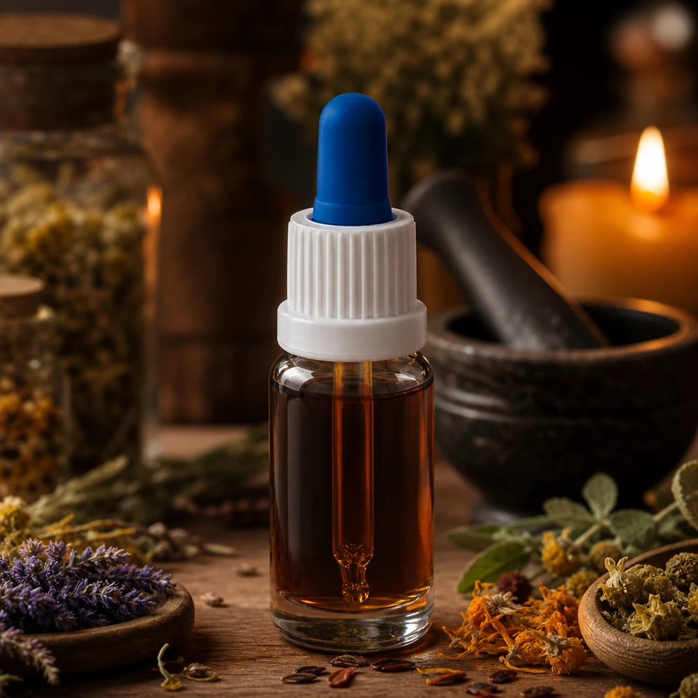 10ml Pipettenflasche weiß/blau Originalitätsverschluss ClearLine UT18/10 10ml Glasflasche mit Dropper weiss blau UT18/10 in natürlichem Kräuter Wellness Setting