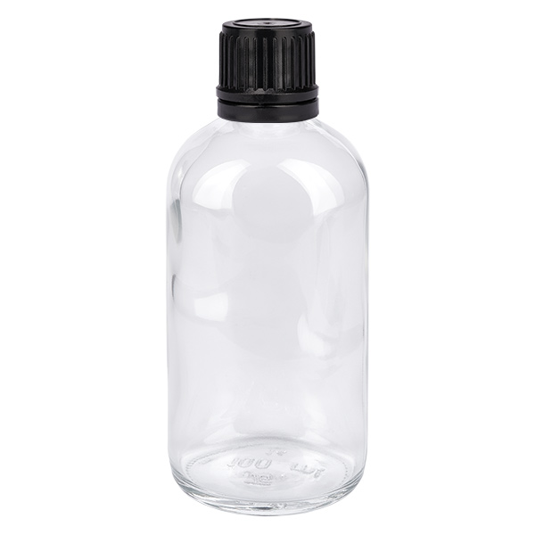 100ml Globuliflasche 3mm Giessring schwarz Standardverschluss ClearLine UT18/1 Hochwertige transparente Glasflasche 100ml mit engem Hals und sicherem Schraubverschluss