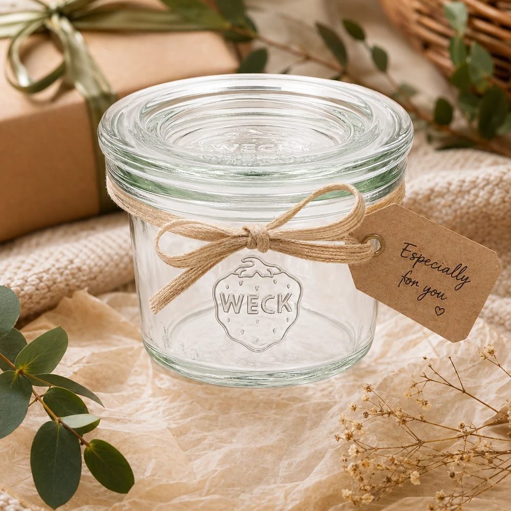 35ml Sturzglas mit Glasdeckel WECK RR40 35ml WECK Sturzglas RR40 als Geschenk dekoriert mit Schleife und Anhänger in natürlichem Ambiente mit Pflanzen
