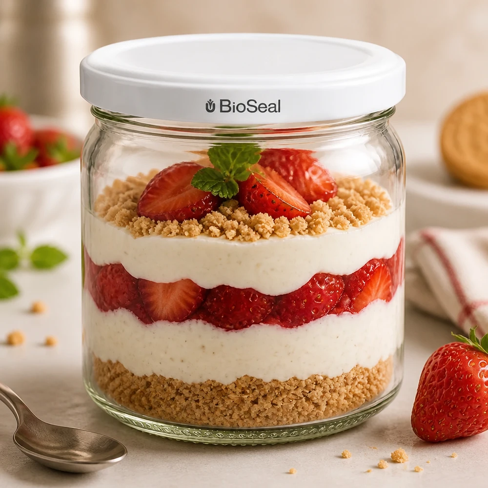 UNiTWIST Runda408 als Dessertglas mit Erdbeeren und Sahne - kreative Schichtdesserts im BioSeal Vorratsglas