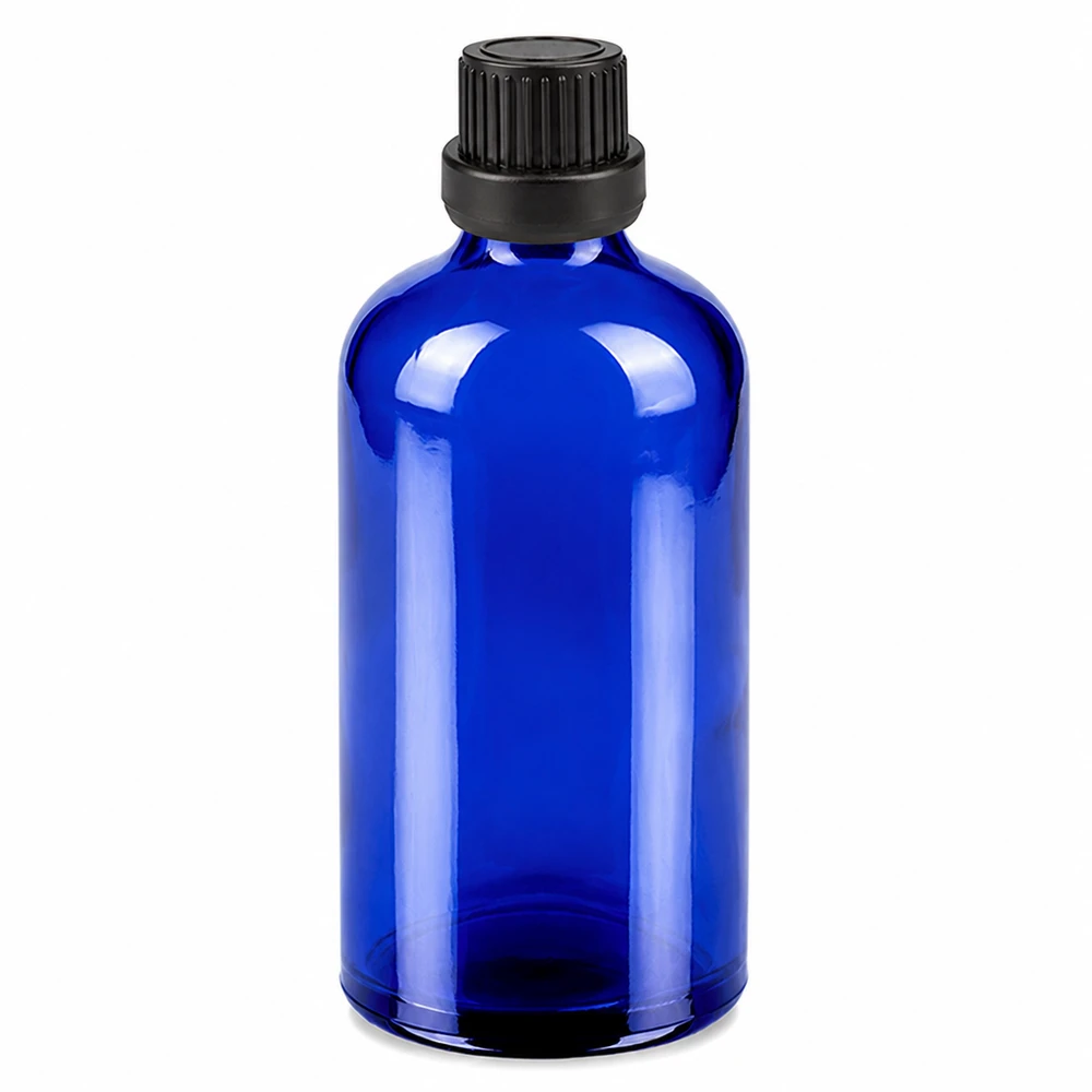 Apothekerflasche 100ml kobaltblau mit schwarzem Verschluss 2mm Tropföffnung BlueLine Serie