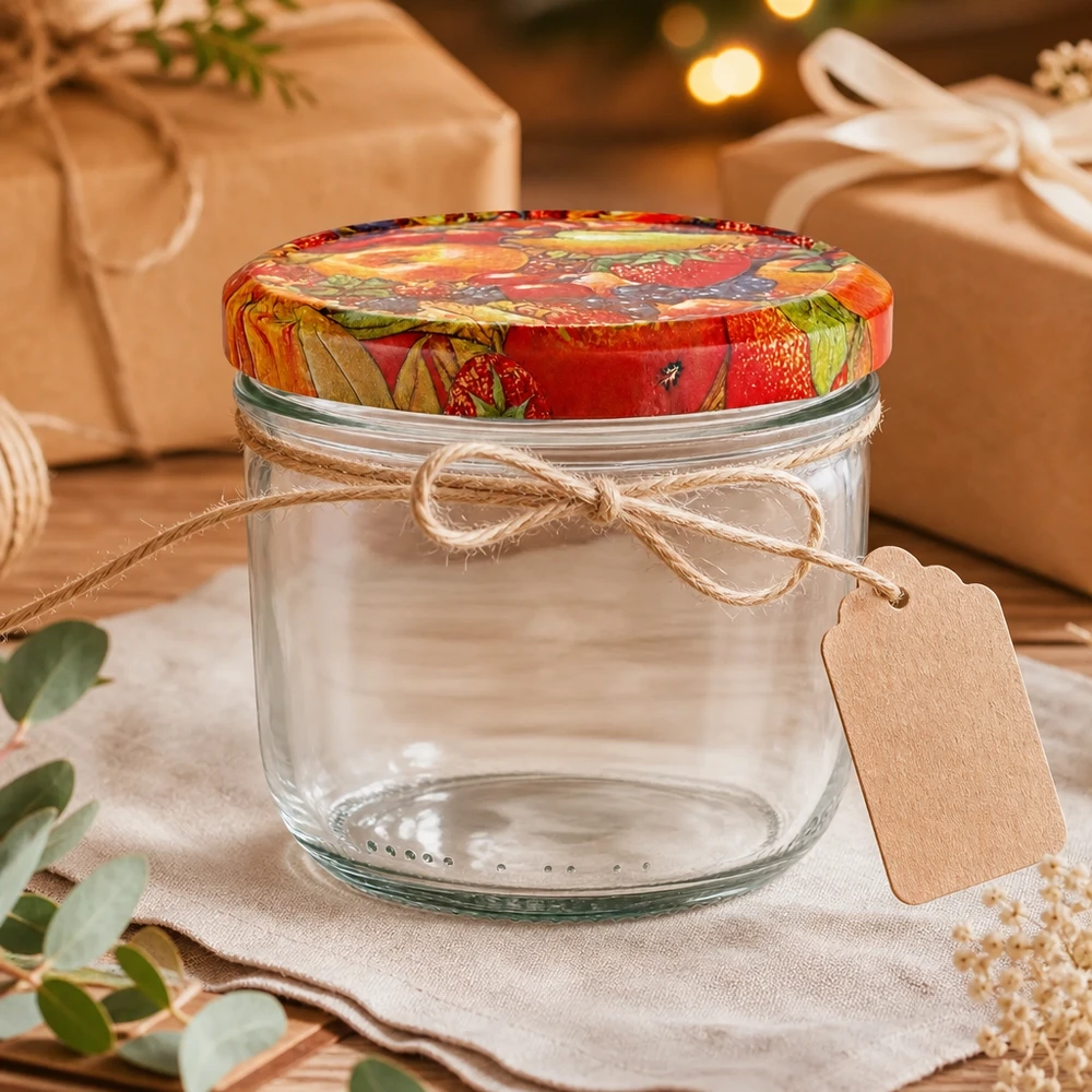 230ml Sturzglas mit BasicSeal Obstdekor-Deckel als Geschenk dekoriert mit Schleife und Anhänger