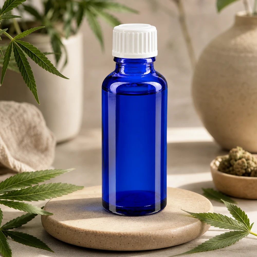 Blaue Medizinflasche 30ml GLO Standard auf Steinuntersetzer mit botanischen Hanfblättern dekoriert