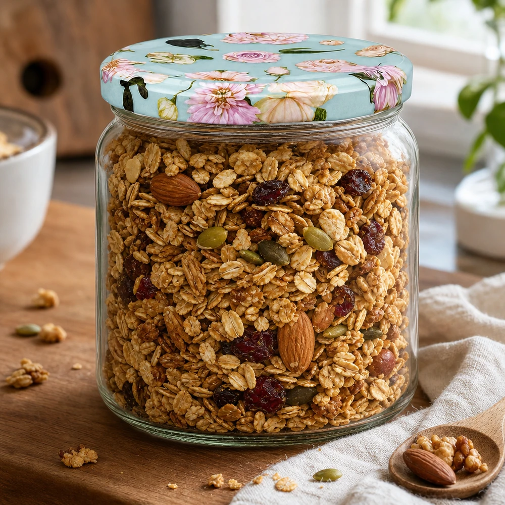425ml Rundglas mit Blume mint Deckel voller Müsli und Nüsse - Vorratsglas für Granola auf Holzbrett
