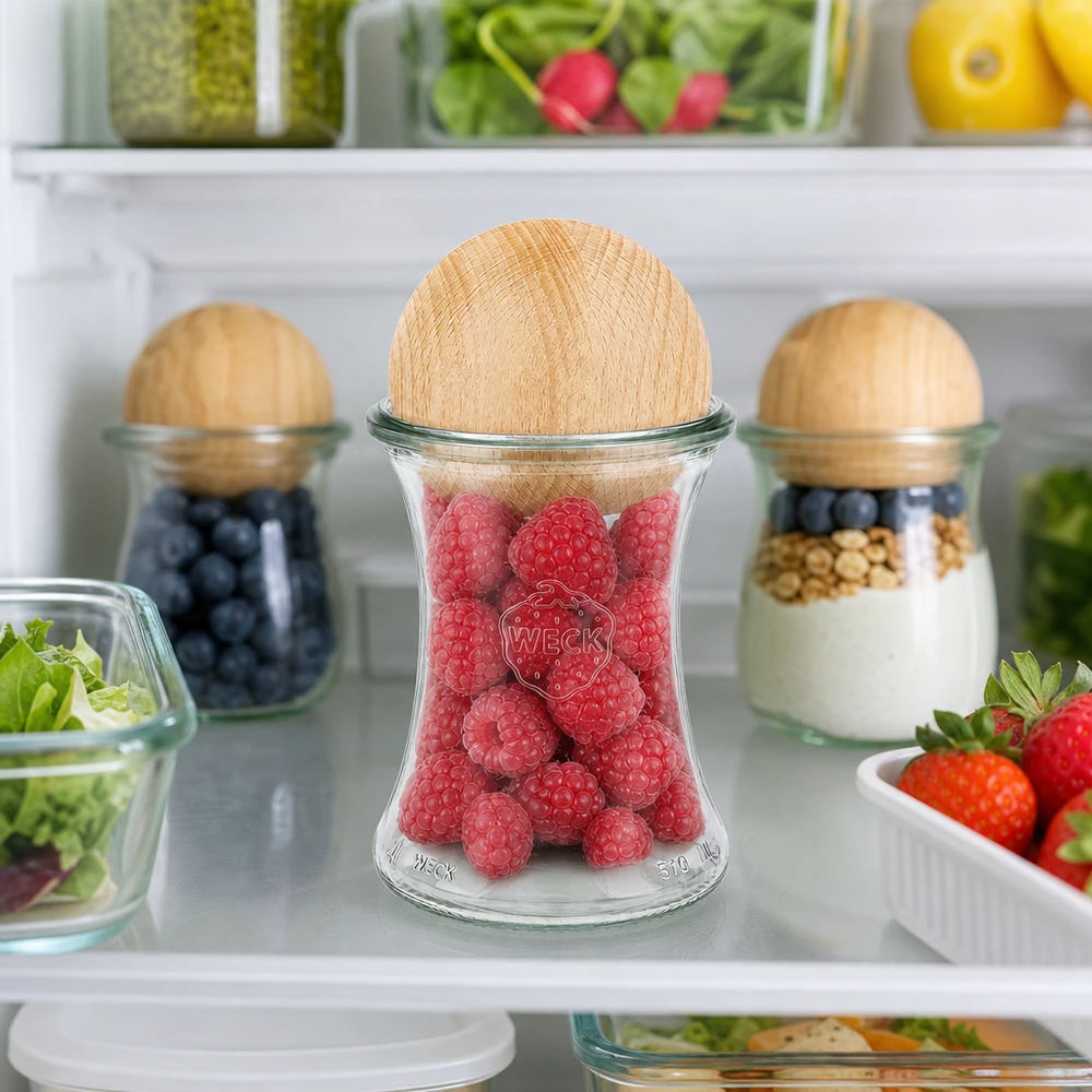 WECK Glas 370ml RR80 Holzkugel Buche Kühlschrank Himbeeren frische Beeren Vorratsglas Aufbewahrung