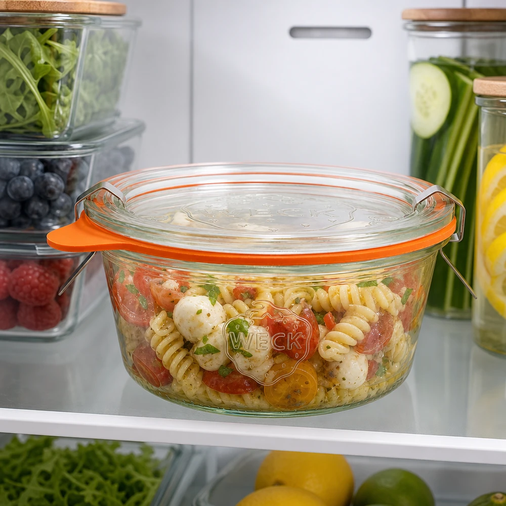 290ml Sturzglas niedrig komplett WECK RR100 WECK Sturzglas 290ml RR100 mit Nudelsalat im Kühlschrank zeigt praktische Aufbewahrung von Speisen