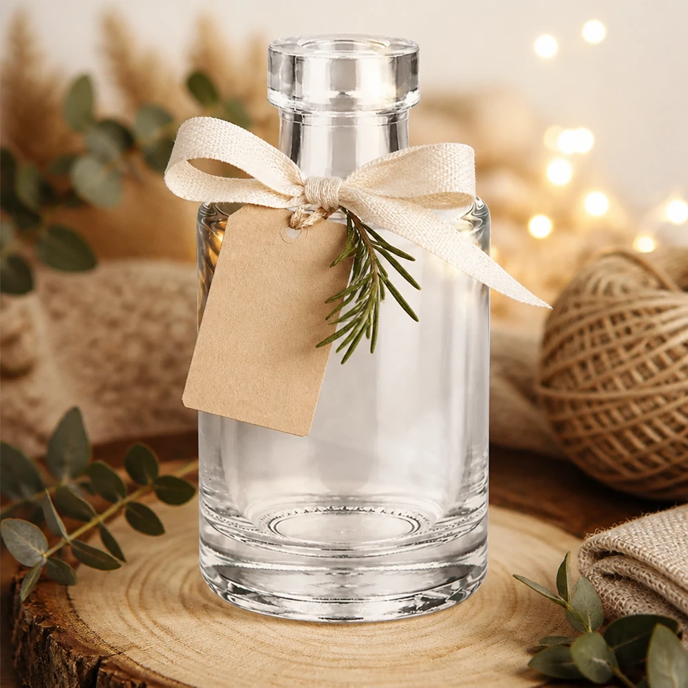 100ml Glasflasche Marie dekorativ mit Geschenkband Anhänger und Rosmarin in gemütlicher Ambiente mit Lichterketten
