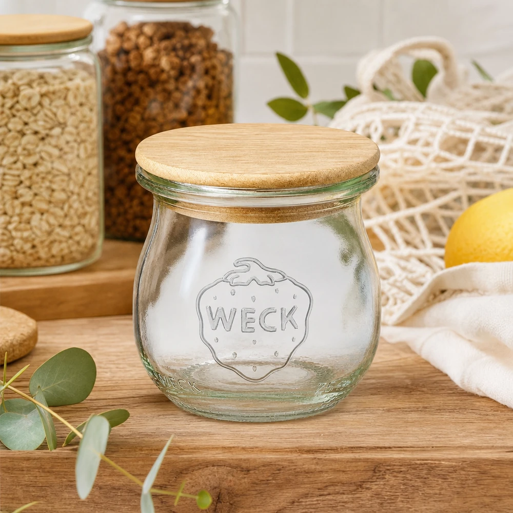 WECK Tulpenglas 75ml RR40 leer mit Holzdeckel in nachhaltiger Küche zwischen Vorratsgläsern und Einkaufsnetzen