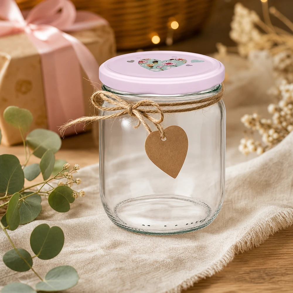 425ml Rundglas rosa Herz-Deckel mit Juteschnur Geschenkanhänger Dekoration Einmachglas Bastelidee rustikal