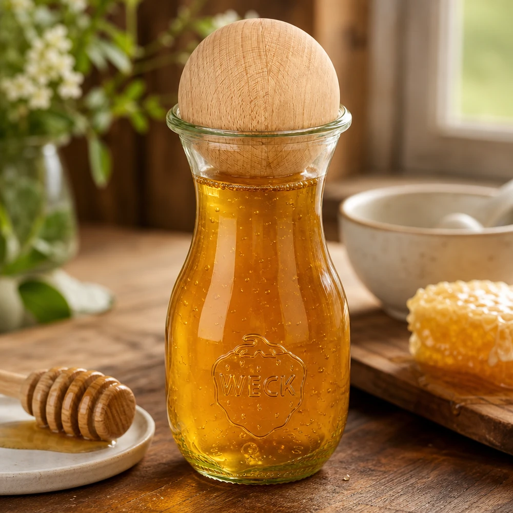 WECK Saftflasche 290ml mit Honig gefüllt und Buche-Holzkugel, dekoriert mit Honigwabe und Honiglöffel