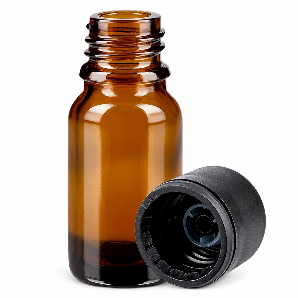 10ml Apothekerflasche aus UV-beständigem Braunglas mit schwarzem Originalitätsverschluss