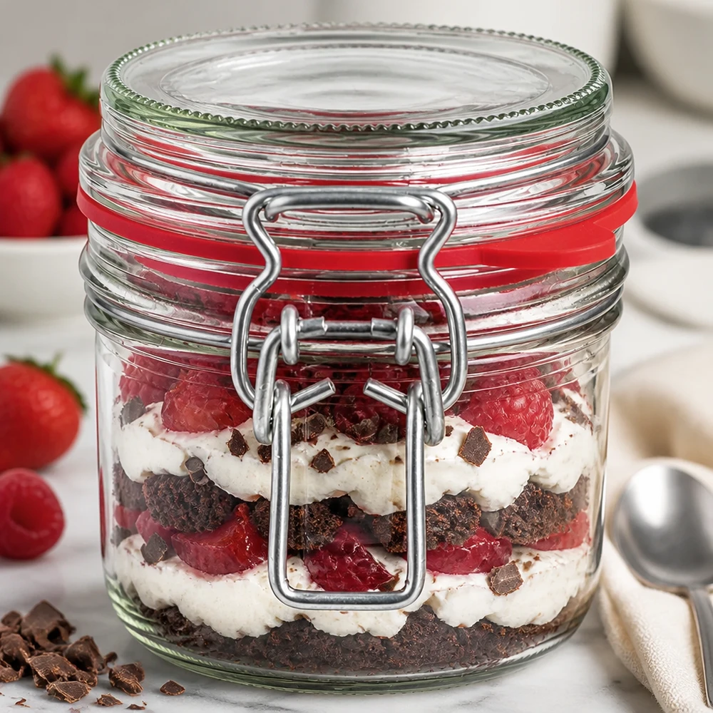 255ml Vorratsglas Typ G mit Bügelverschluss UN.. 255ml Bügelverschluss-Glas mit geschichtetem Erdbeer-Schoko-Dessert, perfekt für Trifle und süße Leckereien
