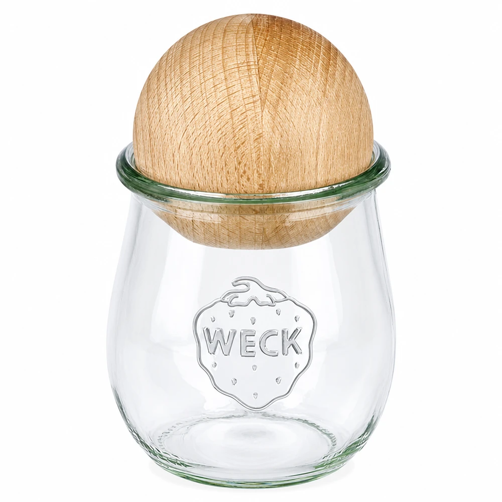 220ml Tulpenglas WECK RR60 mit Holzkugel Buche WECK Tulpenglas 220ml RR60 mit natürlicher Buchenkugel als Deckel, klares Einmachglas mit Holzverschluss