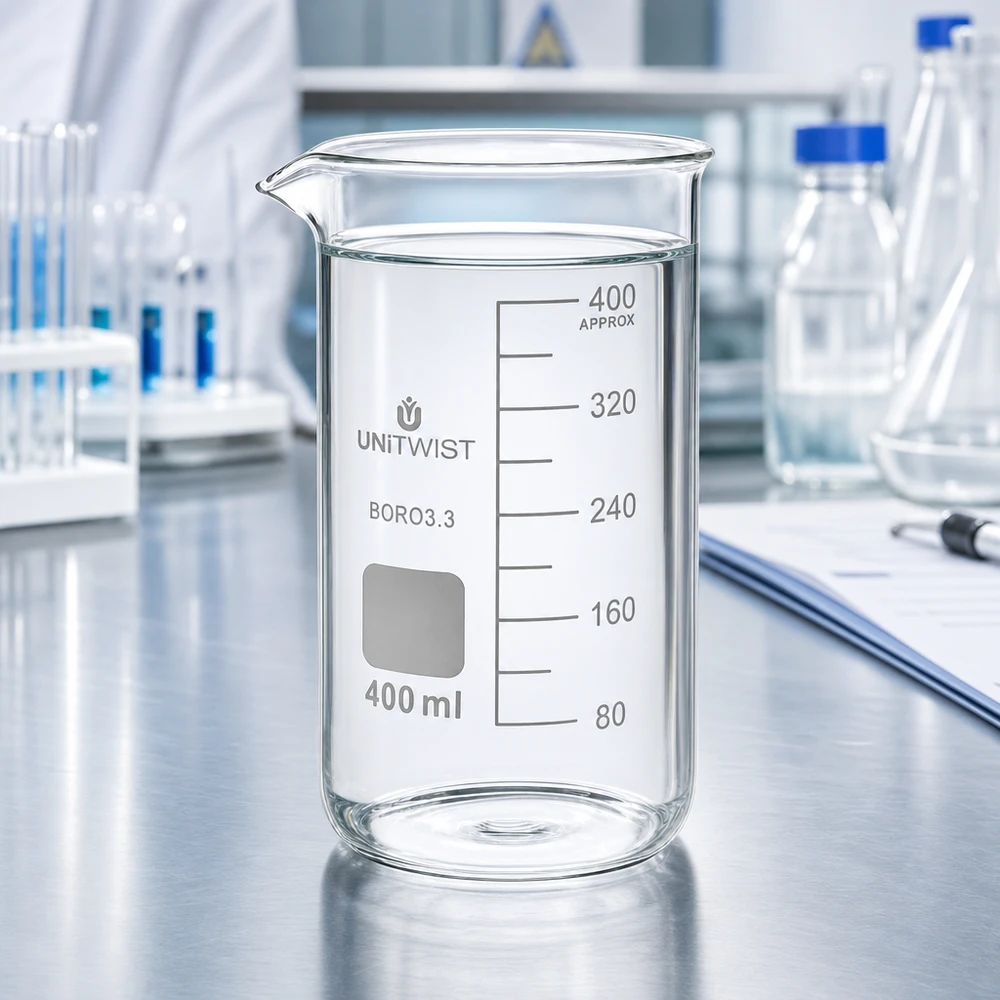 Becherglas 400ml Borosilikat, hohe Form UNiTWIST Laborglas 400ml hohe Form UNITWIST Borosilikat 3.3 mit Skalierung und weißem Hintergrund