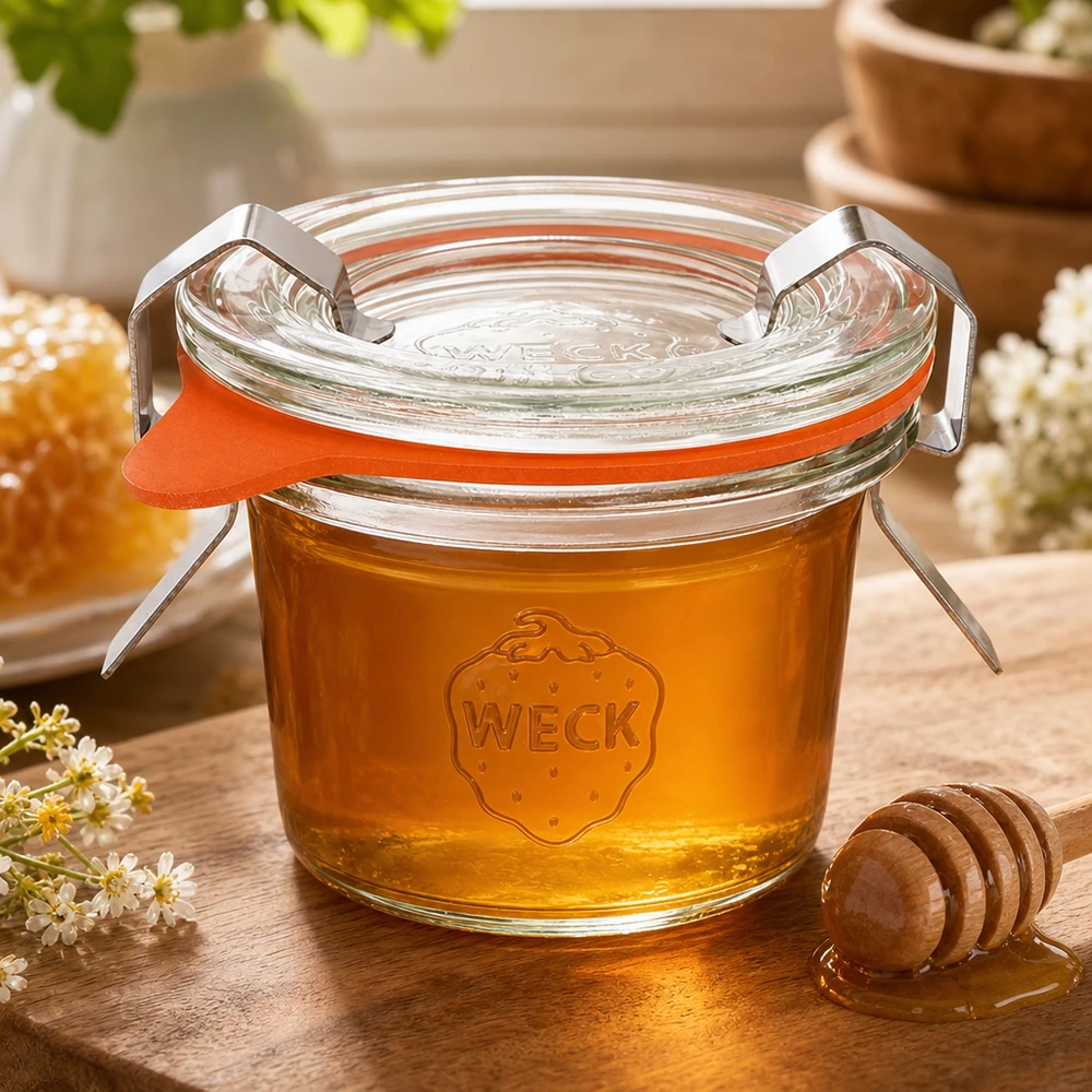 35ml Sturzglas komplett WECK RR40 WECK Sturzglas 35ml RR40 mit goldenem Honig gefüllt neben Honiglöffel und Waben zeigt natürliche Lagerung