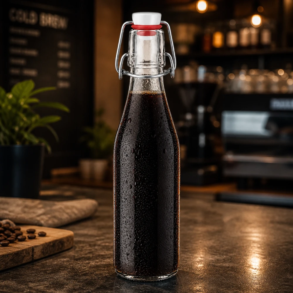 250ml Glasflasche und Bügelverschluss PVC UNiTWIST 250ml Glasflasche mit dunklem Getränk gefüllt, Bügelverschluss PVC UNiTWIST, stilvolle Küchendeko auf Holztisch