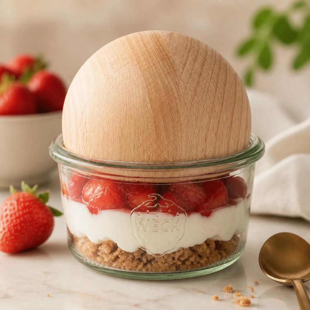 165ml Sturzglas WECK RR80 mit Holzkugel Buche WECK Sturzglas RR80 165ml mit Buche-Holzkugel als Dessertglas für Erdbeer-Schichtdessert auf Marmorplatte