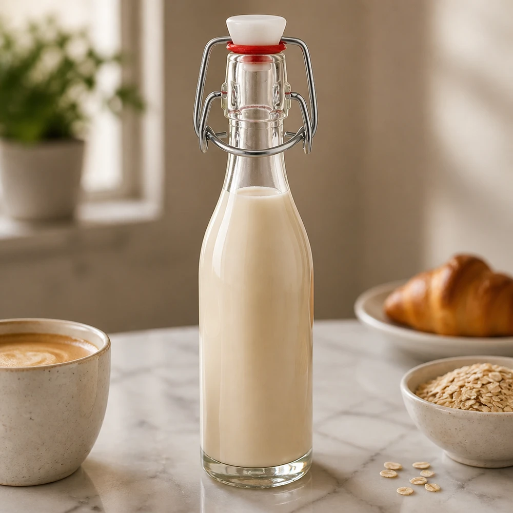 50ml Glasflasche und Bügelverschluss PVC UNiTWIST 50ml Glasflasche mit Bügelverschluss gefüllt mit Hafermilch in gemütlicher Küche neben Kaffeetasse und Haferflocken