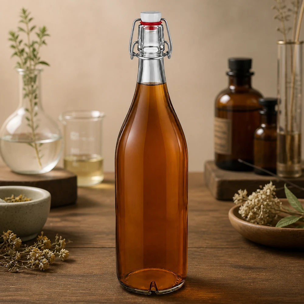 1000ml Glasflasche und Bügelverschluss PVC UNiTWIST 1000ml Glasflasche Bügelverschluss PVC bernsteinfarben mit Kräutertee gefüllt natürliche Dekoration Holztisch