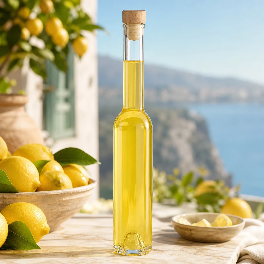200ml Glasflasche Hugo gefüllt mit gelbem Öl auf mediteraner Terrasse mit Zitronen - stilvolle Dekoflasche