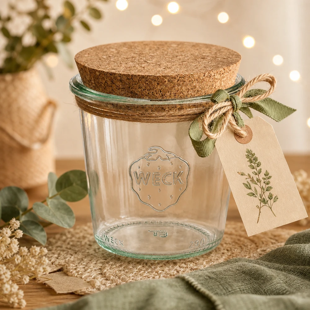 WECK Sturzglas 290ml RR80 dekorativ inszeniert mit Korkdeckel Geschenkanhänger und grünem Band auf Holztisch