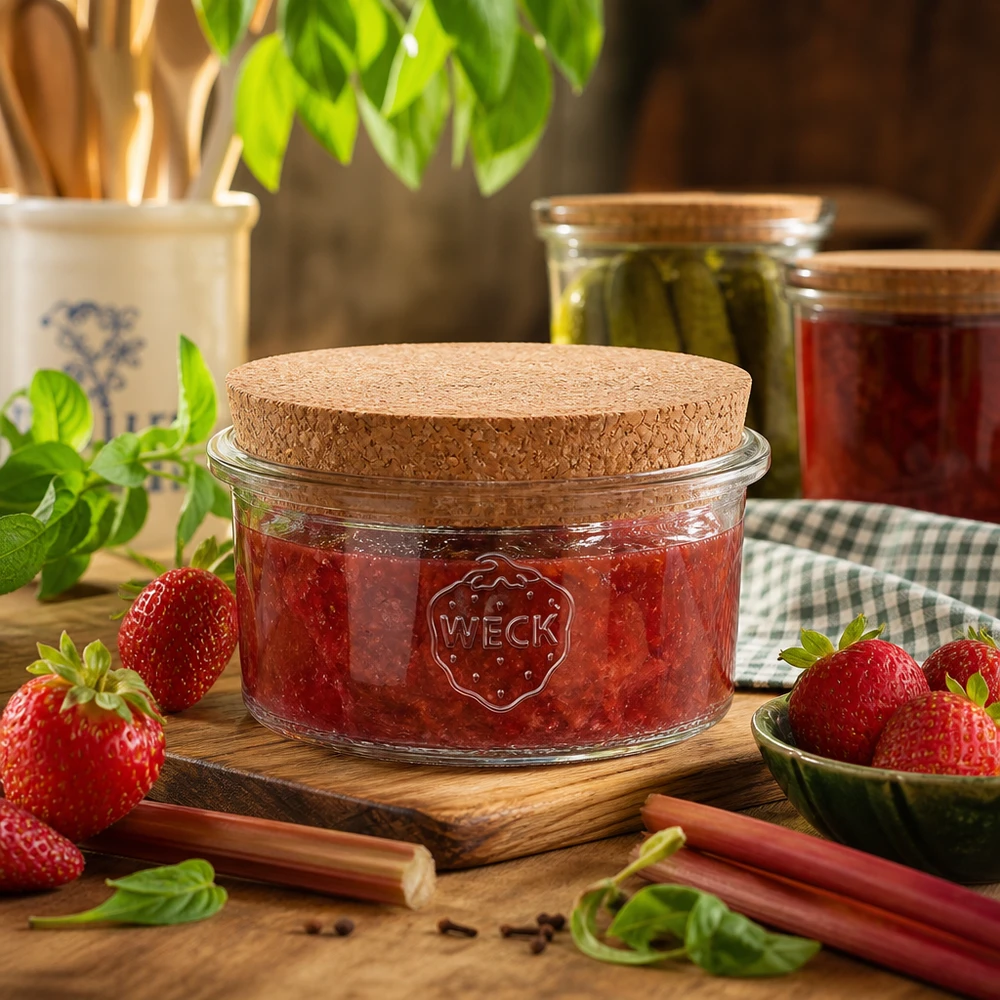 165ml Sturzglas WECK RR80 mit Korken natur WECK Einmachglas 165ml RR80 gefüllt mit Erdbeermarmelade Cork-Deckel Küchenszenerie Vorratsglas