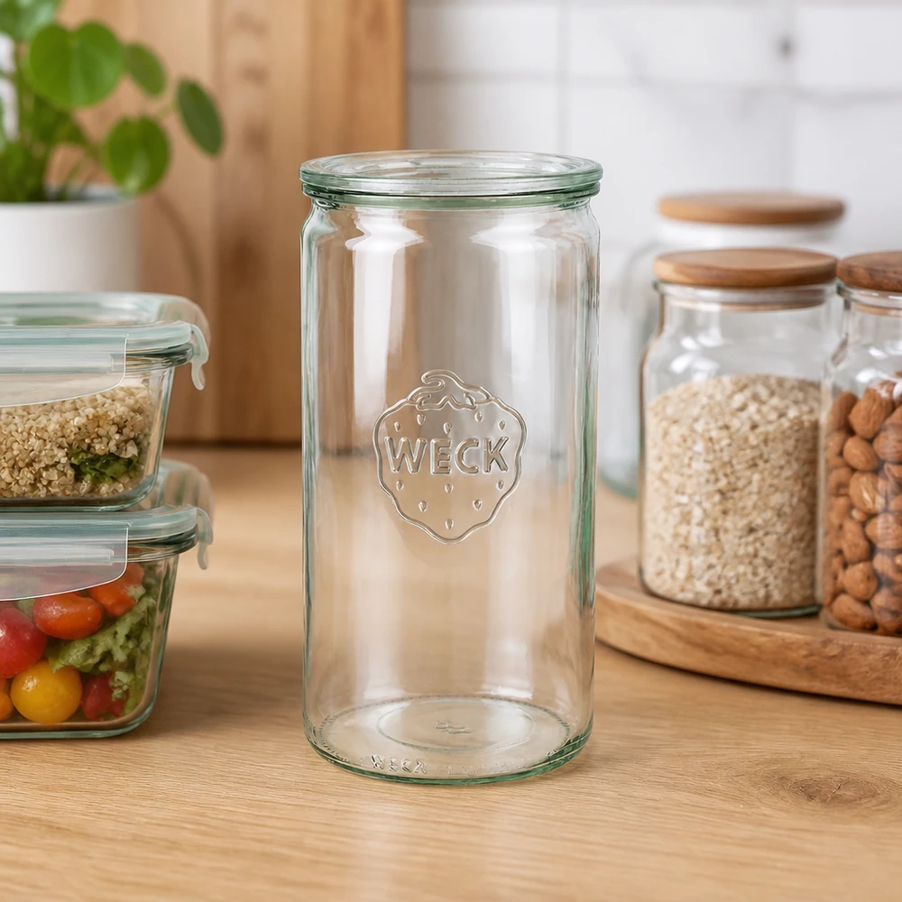 1590ml Zylinderglas mit Glasdeckel WECK RR100 WECK Zylinderglas 1590ml RR100 leer auf Holzarbeitsplatte in moderner Küche mit Vorratsgläsern und Pflanze